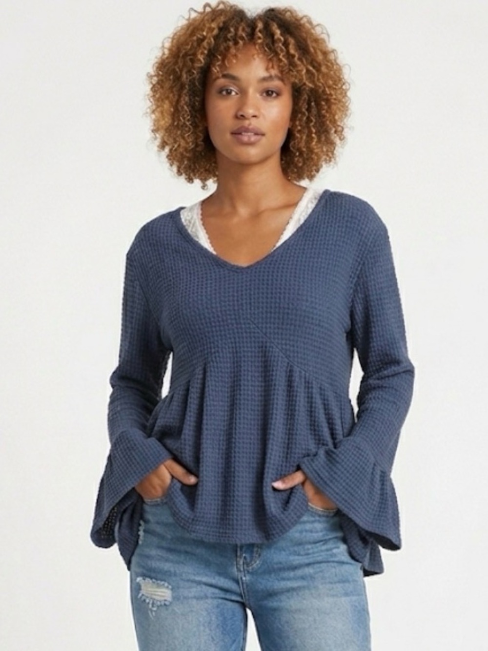 BloomChic Navy Blue Waffle Knit Peplum Long Sleeve Top